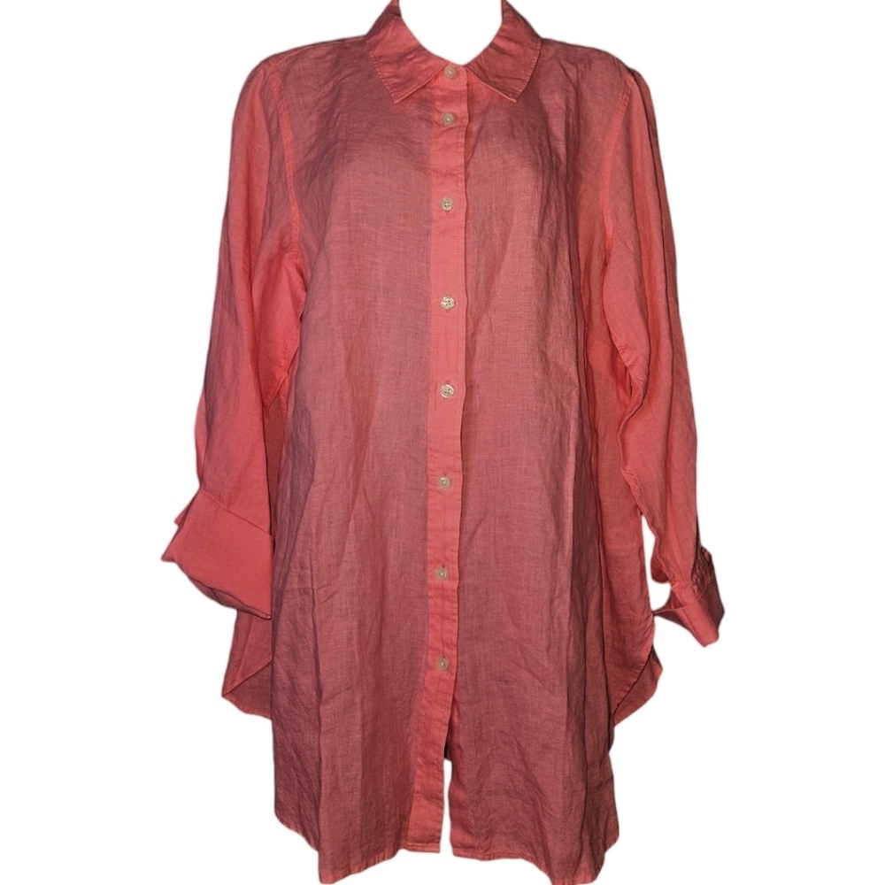 NWT Talbots Plus Linen Collared Button Up 3/4 Sleeve Top